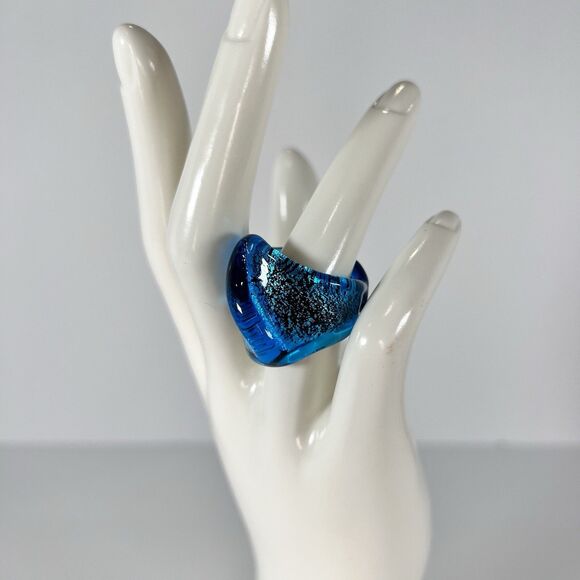 Murano Style Blue Glass Ring Size 7 Abstract Design VTG 1 - Picture 2 of 5